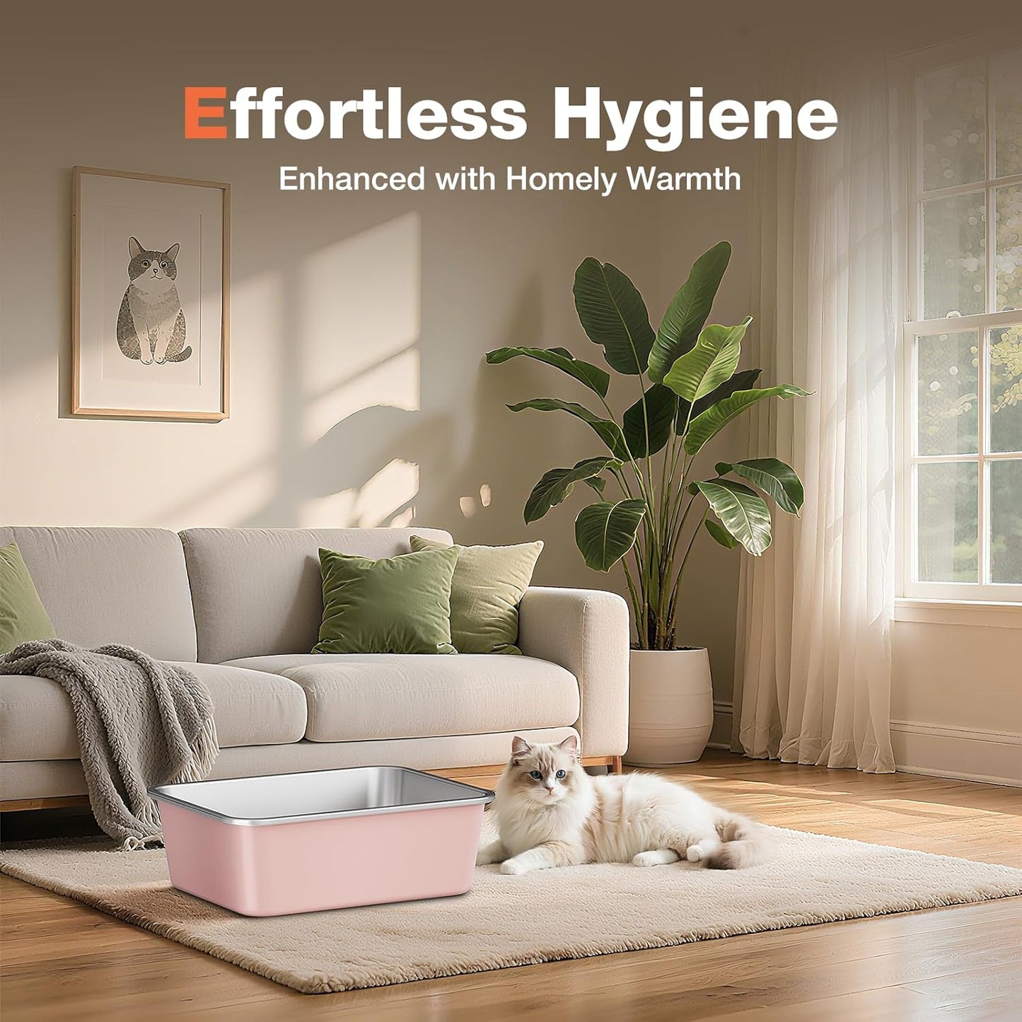 Stainless Steel Litter Box, Large Metal Cat Litter Box with High Sided for Big and Small Cats, Non-Stick, Easy to Clean, Odor-Free, 19.5" L×13.6" W×5.9" H, Blush Pink