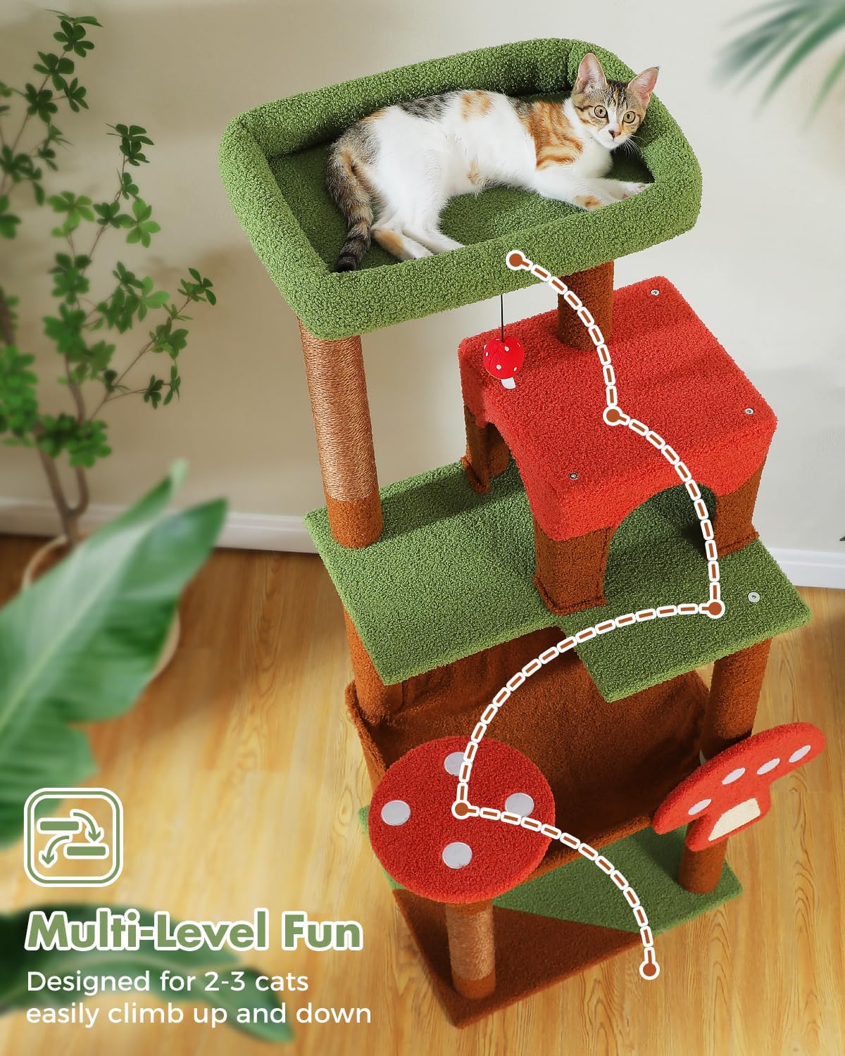 Mushroom Cat Tree Tower with Removable Scratcher, Large Hammock, Condo, Perch, 3 Sisal Posts – Multi-Level Cat Tree for Indoor Cats, Cute Cat Tower for Small Space Homes