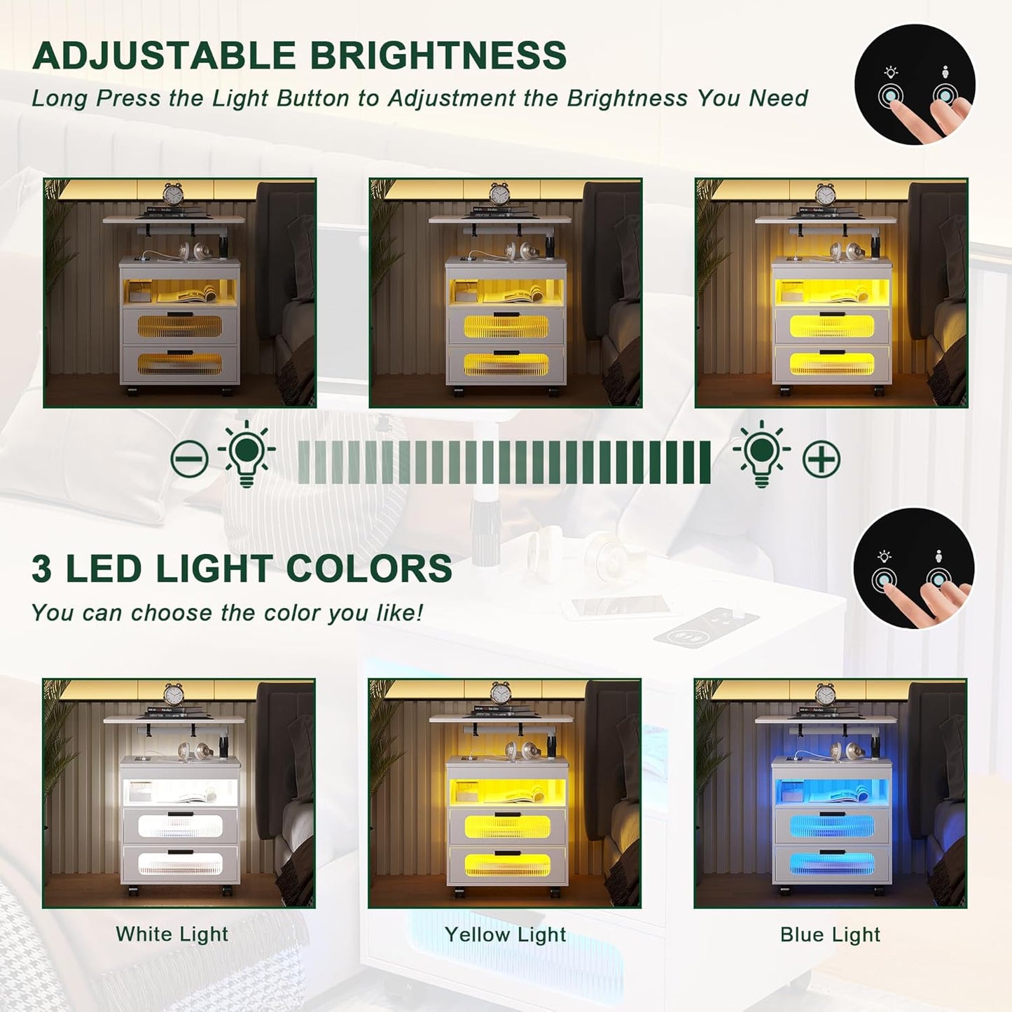 HNEBC Nightstand Set of 2, LED Nightstand with Wireless Charging Station/USB Ports,Smart Nightstand Has Adjustable Rotary Workstation with 2 Drawers,Modern Bedside Table for Bedroom Furniture(White)