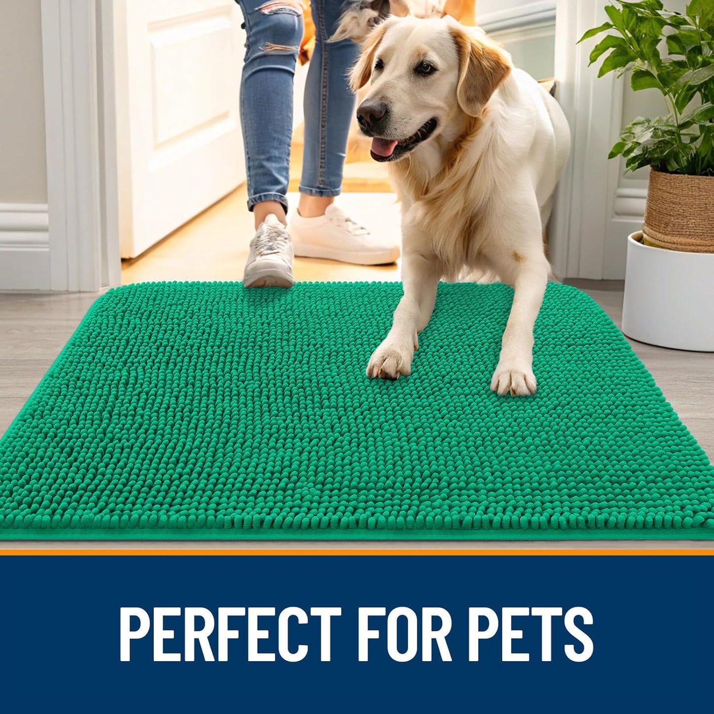 OLANLY Dog Door Mat for Muddy Paws 24x16, Absorbs Moisture and Dirt, Absorbent Non-Slip Washable Doormat, Quick Dry Chenille Mud Mat, Entry Indoor Entryway Carpet for Inside Floor, Emerald Green