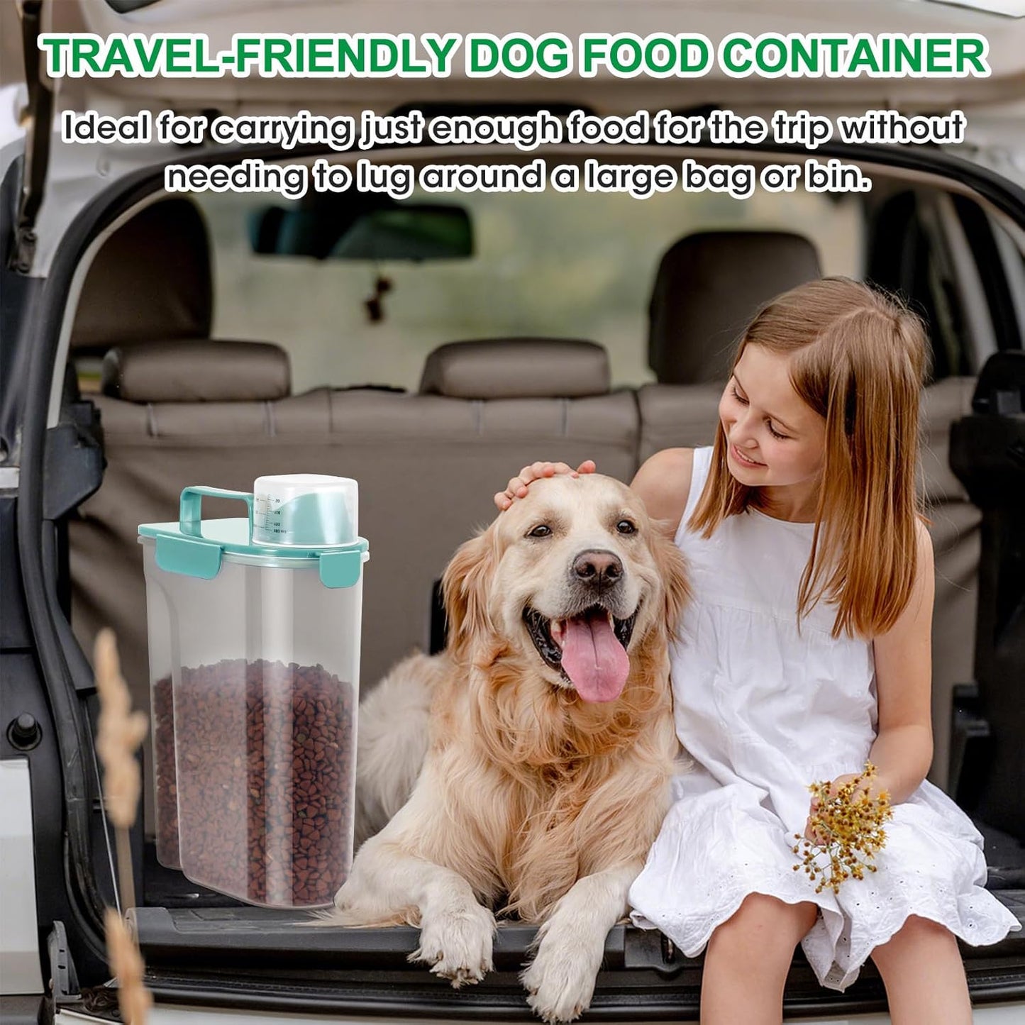 Pet Dog Cat Food Storage Container 5 to 7 lbs with Can Cover and Mixing Spoon, Airtight Travel Pet Food Storage Dispenser with Easy-pouring Spout & Cup, Kibble Dog Treat Bird Seed Container -Cyan