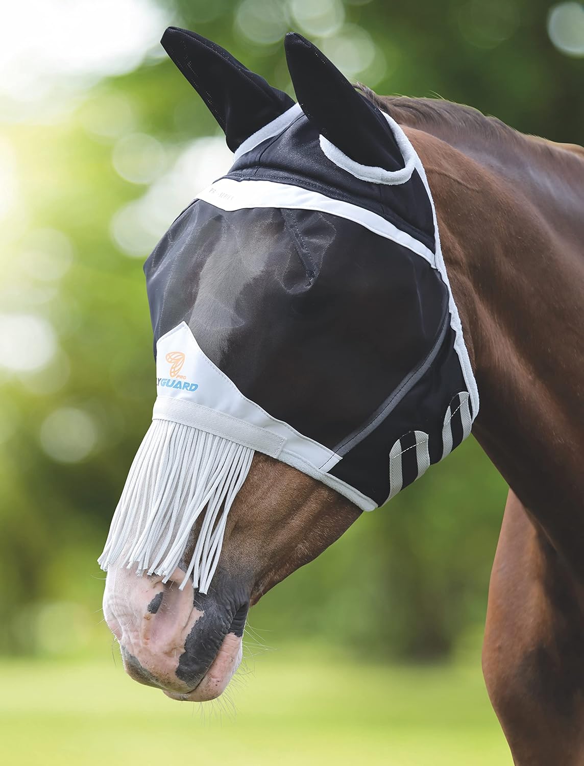 Shires Fine Mesh Horse Equine Fly Mask with Ears and Nose Fringe 60% UV Protection (Pony, Black)
