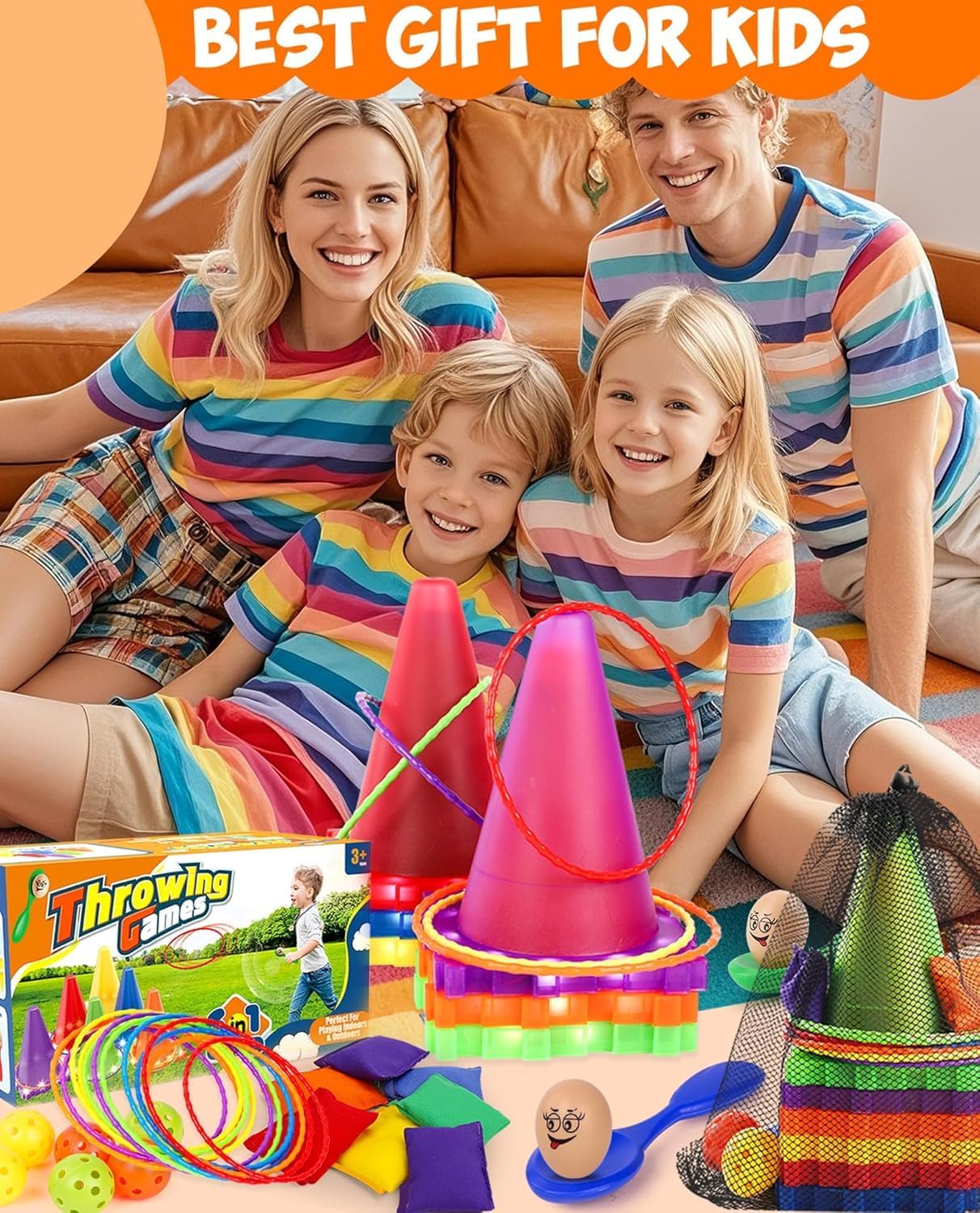 Eocolz 49PCS Carnival Games Outdoor Combo Set for Kids with LED Light, Plastic Cones Obstacle Course Bean Bags Balls Ring Toss Game Egg and Spoon Race Lawn Game, Gift for Birthday Party/Xmas/Easter