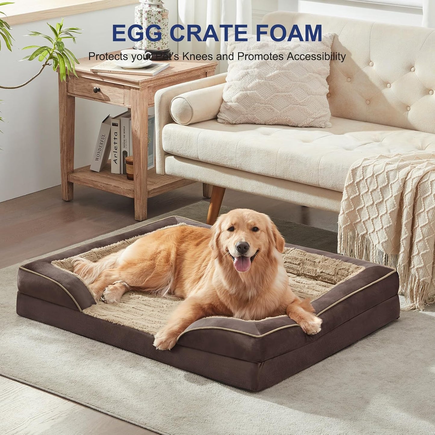 FURTIME Orthopedic Dog Bed for Medium Dogs - Washable Dog Sofa Beds Medium, Supportive Foam Pet Bed with Removable Washable Cover, Waterproof Lining and Nonskid Bottom, Khaki