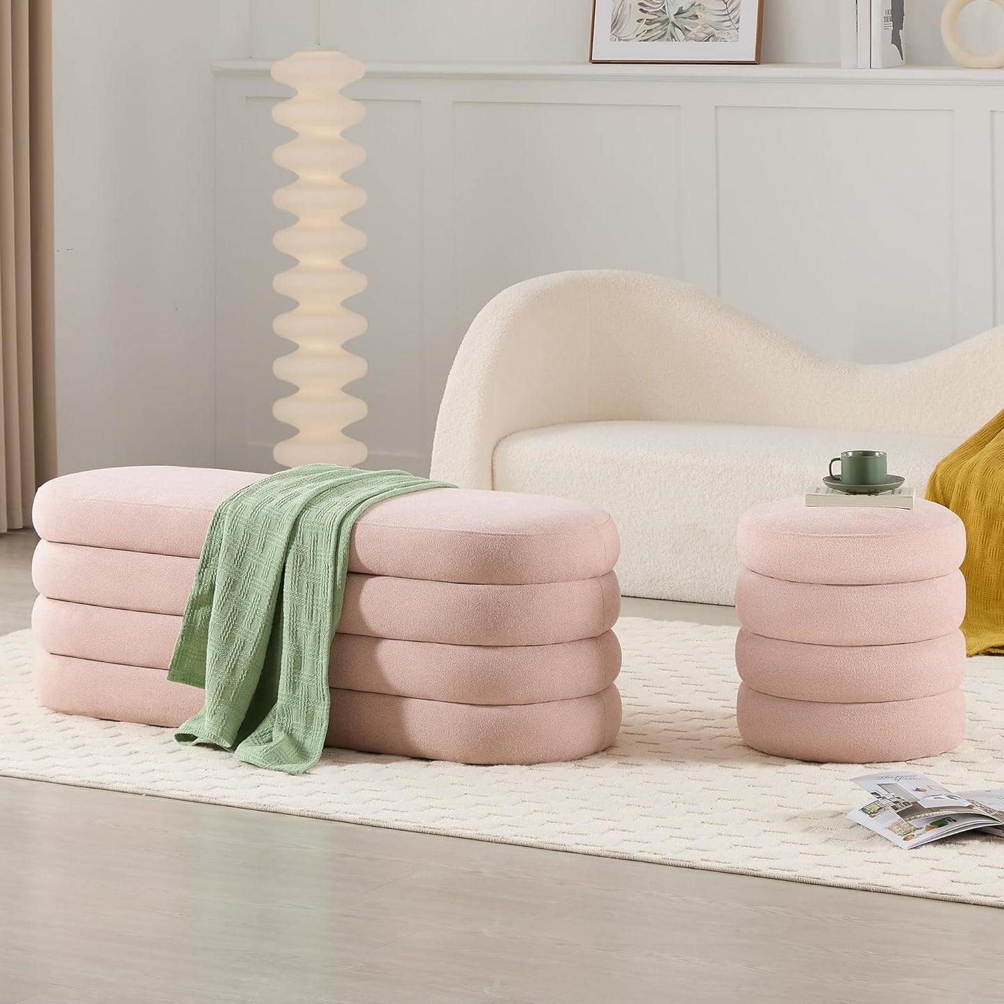 Storage Ottoman Bench 49.2 Inch Upholstered Fabric Storage Bench for Bedroom End of Bed Aesthetic Large Oval Ottoman for Living Room Entryway (Pink)