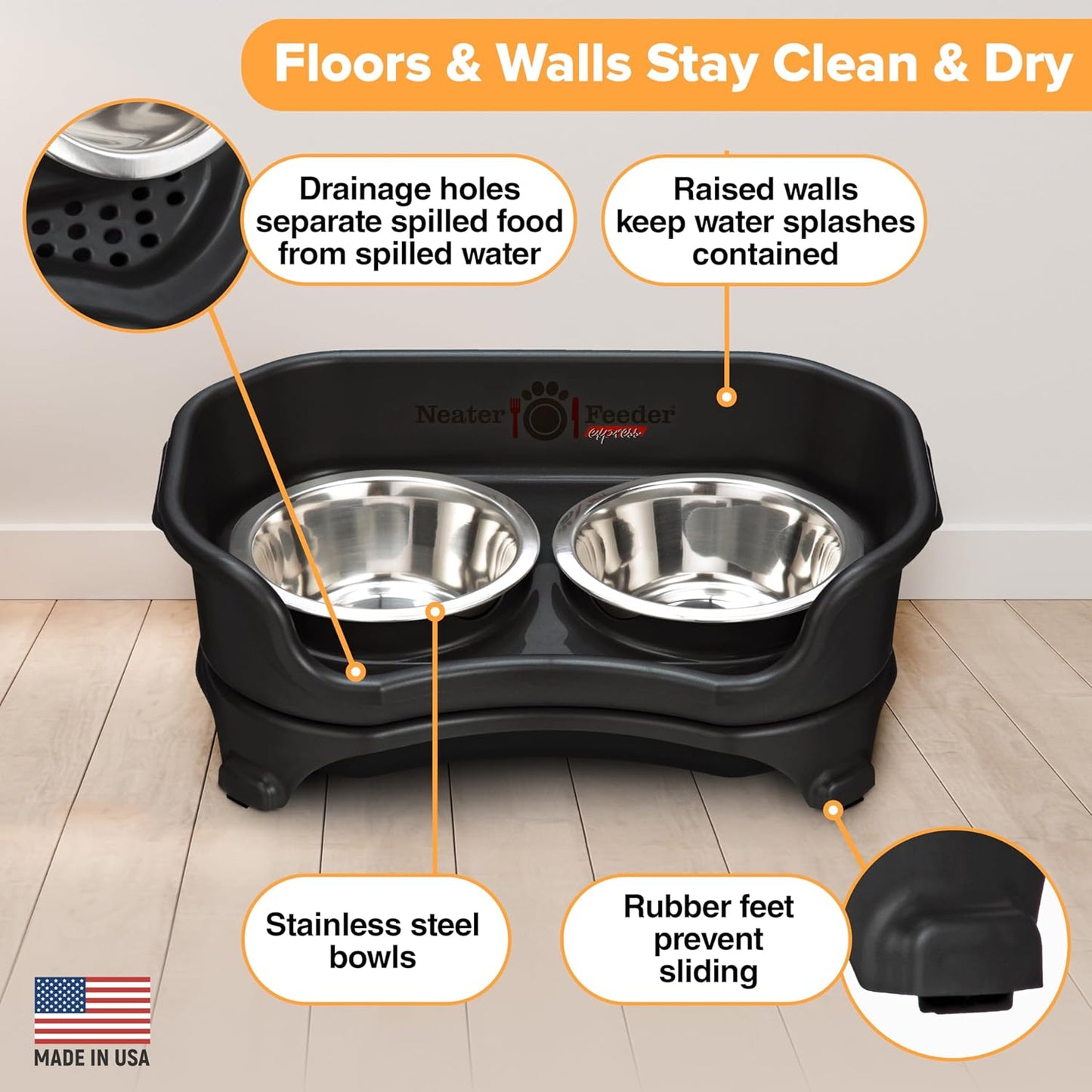 Neater Feeder Express Mess Proof Dog Bowls Elevated for Small Breeds Under 15 Lb, Made in USA, No Spill Raised Dog Food Bowl Stand, Stainless Steel Food and Water Bowl Set, Feeding Station, Black