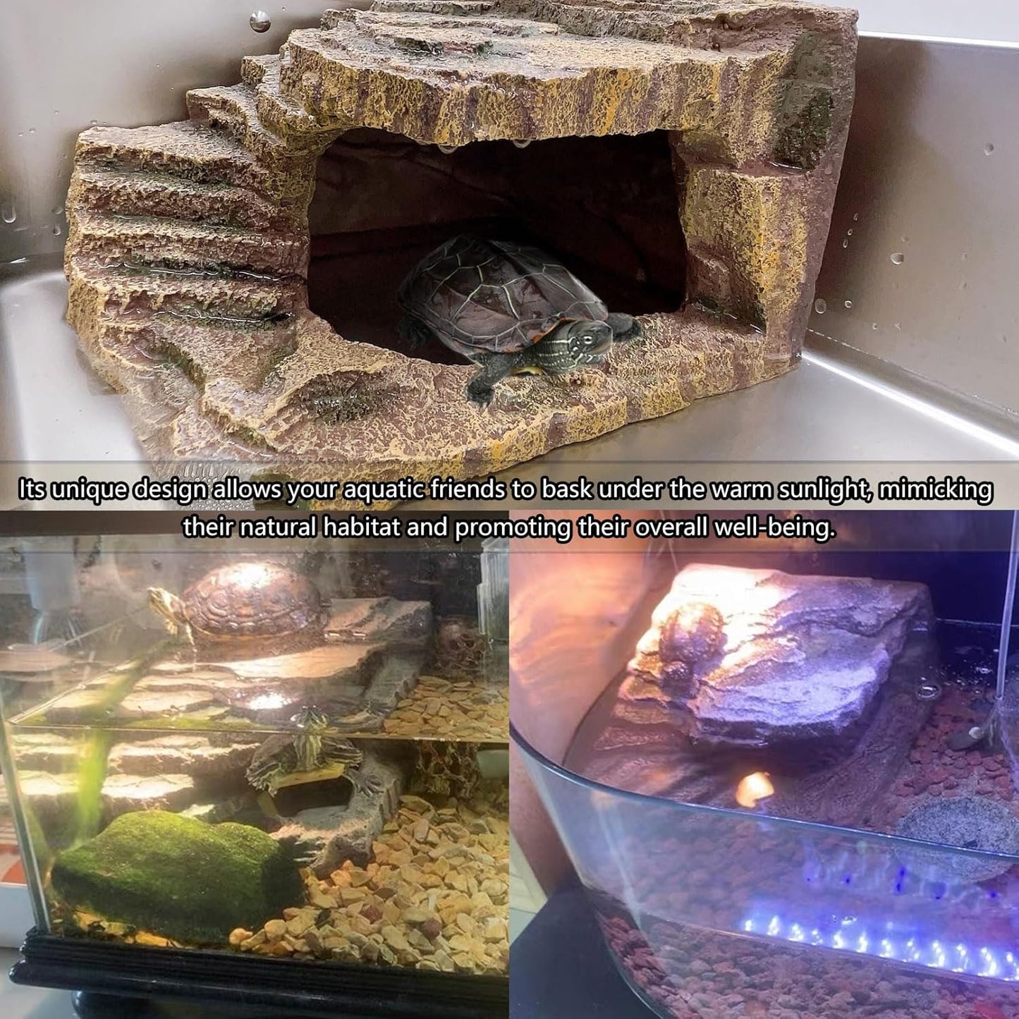 kathson Turtles Basking Platform Tortoise Resting Terrace Climbing Ramp Resin Dock Tank Decorations Reptile Hiding Cave Hideouts for Aquatic Turtles, Frog, Newts and Salamanders,Large