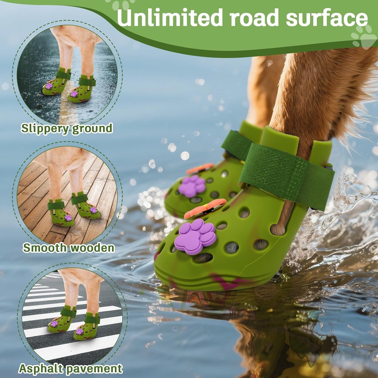 Dog Shoes for Hot Pavement, Adjustable Magic Tape Boots for Small, Medium & Large Dogs, Anti-Slip, Easy to Clean Paw Protectors for Beach, Outdoor & Hot Weather (Green L)