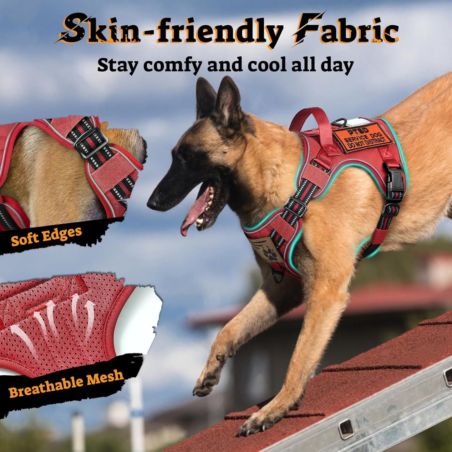 rabbitgoo Dog Harness for Large Dogs No Pull, Tactical Service Pet Vest with Molle and Control Handle, Adjustable and Reflective Military Harness for Easy Walking and Training, Red, L
