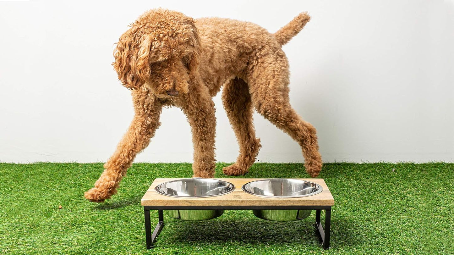 Mango Wood Dog Bowl Stand - Elevated Pet Feeder with 2 Stainless Steel Bowls - Raised Food and Water Dish Set for Dogs and Cats, Available in 4 Sizes, Pet Dining Station, Large/48oz