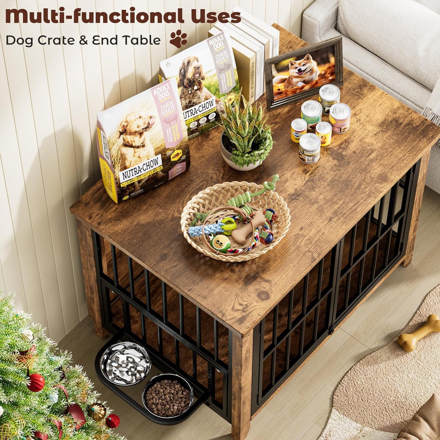 Lulive Dog Crate Furniture, Wooden Dog Kennel Indoor with Adjustable 360Β°& Height Dog Bowls, Double Doors Furniture Dog Crates End Table for Small/Medium 31.5" L*22.5" W*25.6" H, Brown