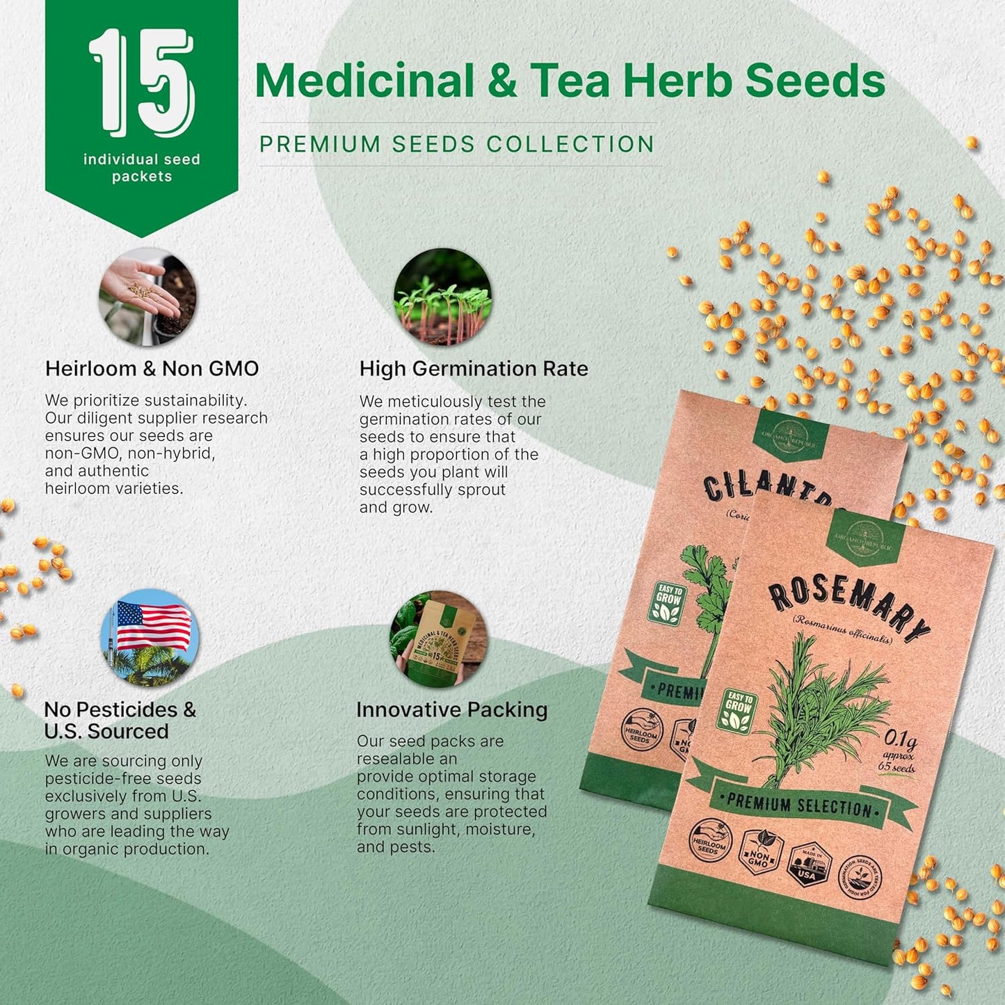 Organo Republic 15 Medicinal & Tea Herb Seeds Variety Pack 6,420+ Non-GMO Heirloom Garden Seeds for Indoor & Outdoors, Including Anise, Borage, Cilantro, Chamomile, Dandelion, Rosemary Seeds