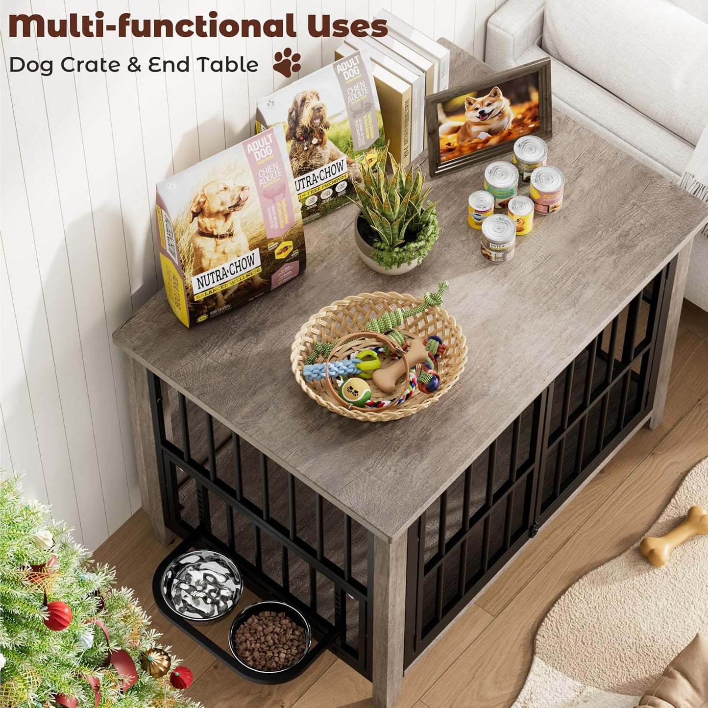 Lulive Dog Crate Furniture, Wooden Dog Kennel Indoor with Adjustable 360Β°& Height Dog Bowls, Double Doors Furniture Dog Crates End Table for Small/Medium 31.5" L*22.5" W*25.6" H, Grey