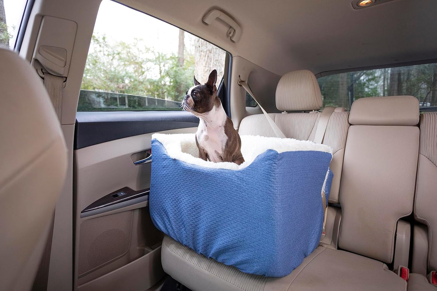 Snoozer Dog Car Seat, Lookout I Dog Booster Car Seat for Small Dogs Under 25lbs, Size: Medium, Fabric: Denim Diamond, Pet Car Seat to Alleviate Car Sickness for Dogs, Removable Machine Washable Cover