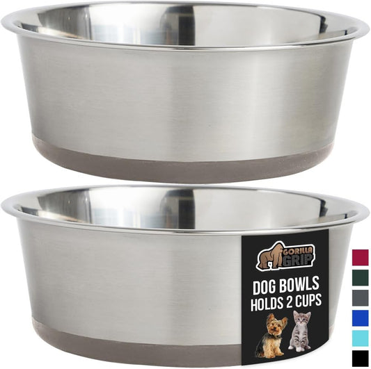 GORILLA GRIP Set of 2 Dog Bowls, Heavy Duty Metal Food and Water Bowl for Feeding Dogs and Cats, Dishwasher Safe, Rust Resistant Stainless Steel, BPA Free Rubber Base, Holds 2 Cups (16 fl oz), Beige