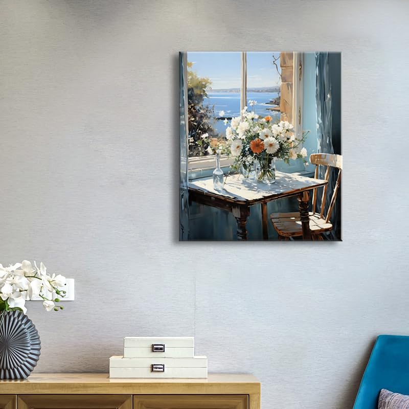 weiyiart Bathroom Decor Wall Art Coastal Floral Canvas Print Painting Daisy Flowers Sea Picture Farmhouse Ocean Seascape Artwork for Home Living Room Bedroom Office 16x24 inch