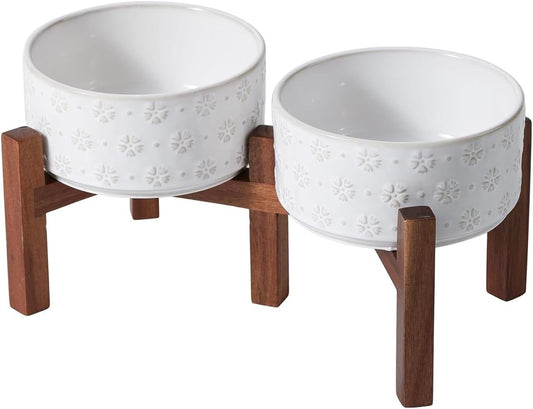 SPUNKYJUNKY Ceramic Dog Bowls Dog Bowl Set with Acacia Wood Stand Raised Dog Bowl Dog Food and Water Bowl for Small Medium Sized Dog (Deep, 15.5cm)
