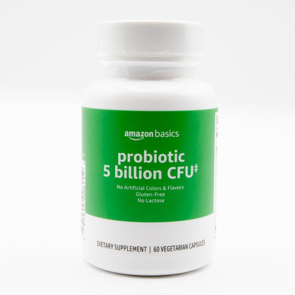 Amazon Basics - Probiotic, 5 Billion CFU, 8 Probiotic strains with 60 mg Prebiotic Blend, 60 Count Vegetarian Capsules, 2 Month Supply, Supports Healthy Digestion (Previously Solimo)