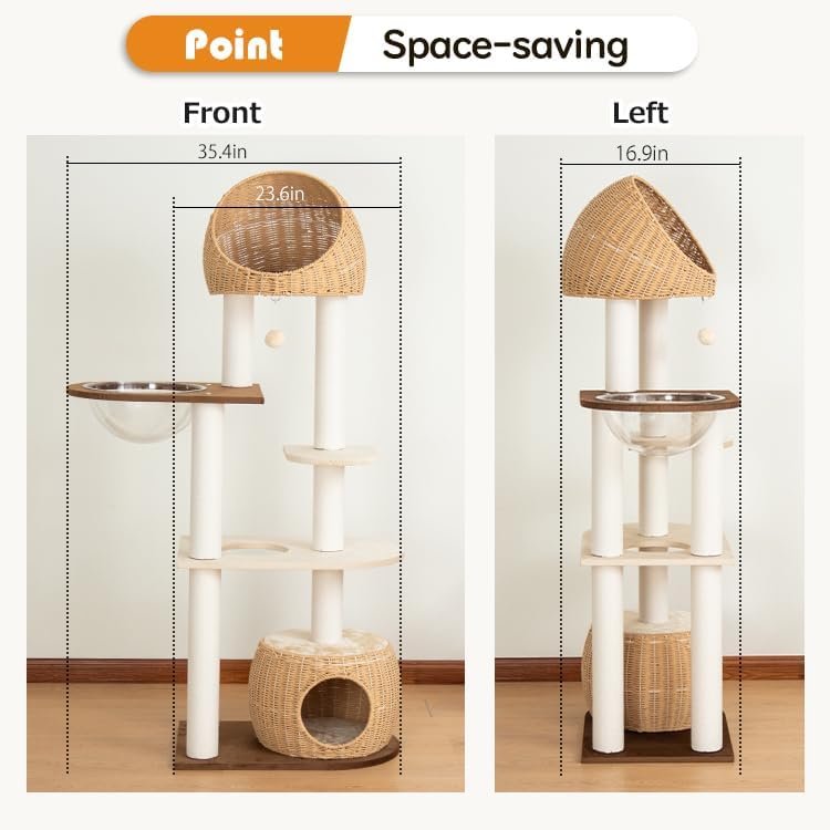 Wood Cat Tree 60'' with Woven Beds, 5-Level Natural Cat Condo with Sisal Posts & Clear Bubble Lounge, Multi-Level C at Furniture for Indoor Pets, Easy to Assemble (Brown-Particle Board)