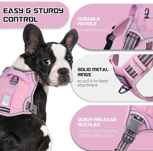 BUMBIN Tactical Dog Harness for Small Dogs No Pull, Famous TIK Tok No Pull Puppy Harness, Fit Smart Reflective Pet Walking Harness for Training, Adjustable Dog Vest Harness with Handle Pink XS