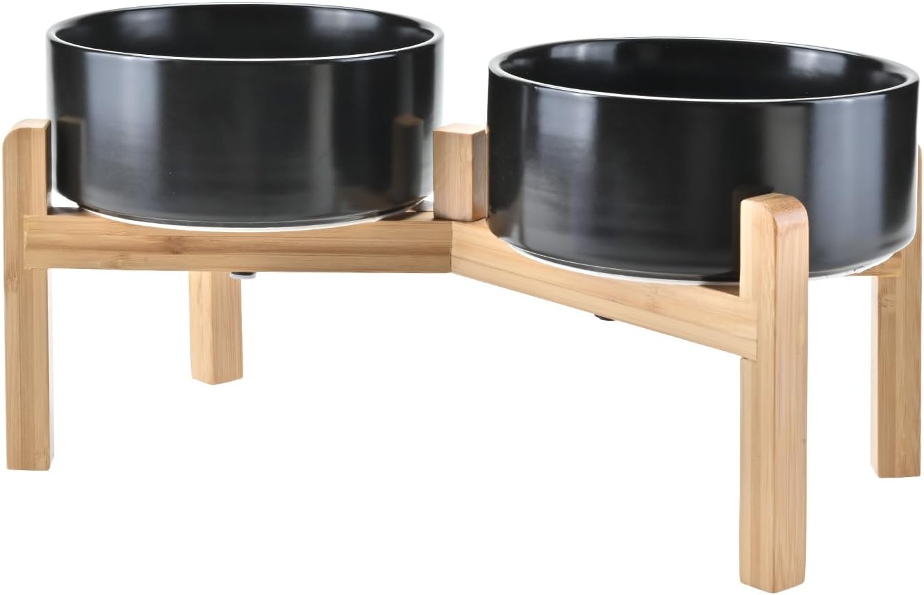 SPUNKYJUNKY Elevated Dog Bowls Ceramic, 7.3'' Dogs Food Water Bowls Raised with Non-Slip Bamboo Stand for Medium to Large Sized Breed Microwave Dishwasher Safe - 42 OZ,Black