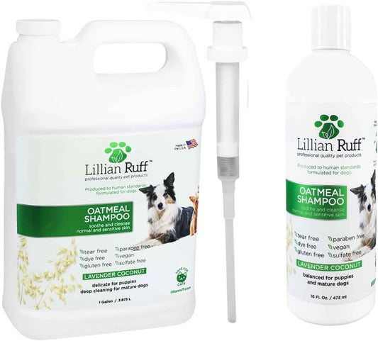 Lillian Ruff Calming Oatmeal Pet Shampoo for Dry Skin & Itch Relief with Aloe & Hydrating Essential Oils - Replenish Moisture & Deodorize -Gentle Dog Shampoo for Normal/Sensitive Skin (Gallon & Pump)
