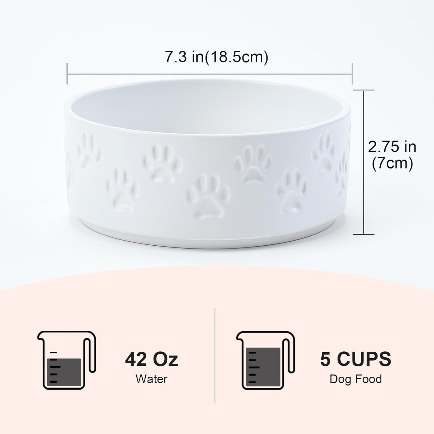 SPUNKYJUNKY Ceramic Dog Bowls 2 Pack, 7.3'' Dog Food Water Double Feeding Bowls Non-Slip for Medium to Large Sized Breed Microwave Dishwasher Safe - 42 OZ, 2pcs, Paw White