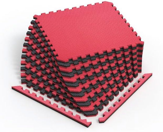 Norsk Reversible Gym Exercise Mats 3/4" Thick EVA Interlocking Foam Tiles, Perfect Gym Flooring for Home Gym, 4 Tiles & 8 Trim Pieces, 16 Sq. Ft. 24"x24", Red/Black