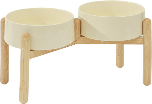 Ceramic 8.2inch Raised Dog Bowl with Stand for Large- Breed Dogs, Pet Food and Water Feeder (Double Bowl with Stand - Beige)