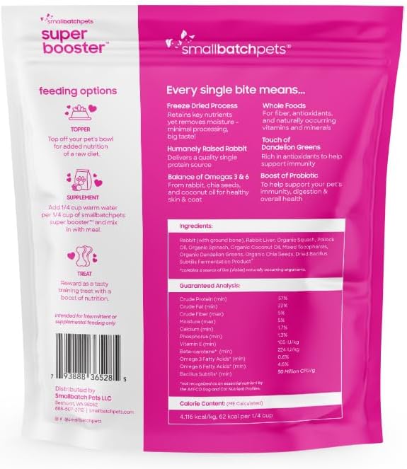 Smallbatch Freeze Dried Dog Treats, Superfood Food Topper Rabbit Bites for Dogs & Cats, Probiotics, Organic Ingredients, High Protein, Grain Free Healthy Treat & Food Topper, Made in the USA, 7 oz Bag
