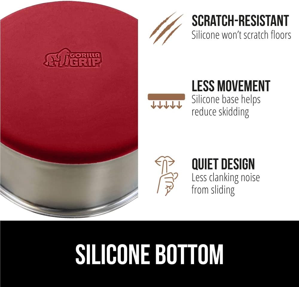 GORILLA GRIP Set of 2 Dog Bowls, Heavy Duty Metal Food and Water Bowl for Feeding Dogs and Cats, Dishwasher Safe, Rust Resistant Stainless Steel, BPA Free Rubber Base, Holds 1 Cup (8 fl oz), Red