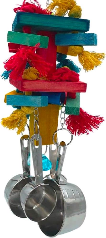 Large Bird Blocks and Knots Tearing Toys, Multicolored Natural Wooden Blocks and Cotton Knots with Stainless Steel Cup Toys for Extra Large Parrots Macaw African Grey Amazon Cockatoo Eclectus