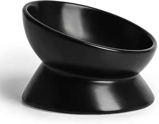 YINGFAN Elevated Cat Bowls, 5oz Ceramic Raised Cat Bowl for Cats/Kittens with Tilted Design, Porcelain Cats Feeding Dishes for Food/Water, Anti Vomit, Microwave & Dishwasher Safe (Black)