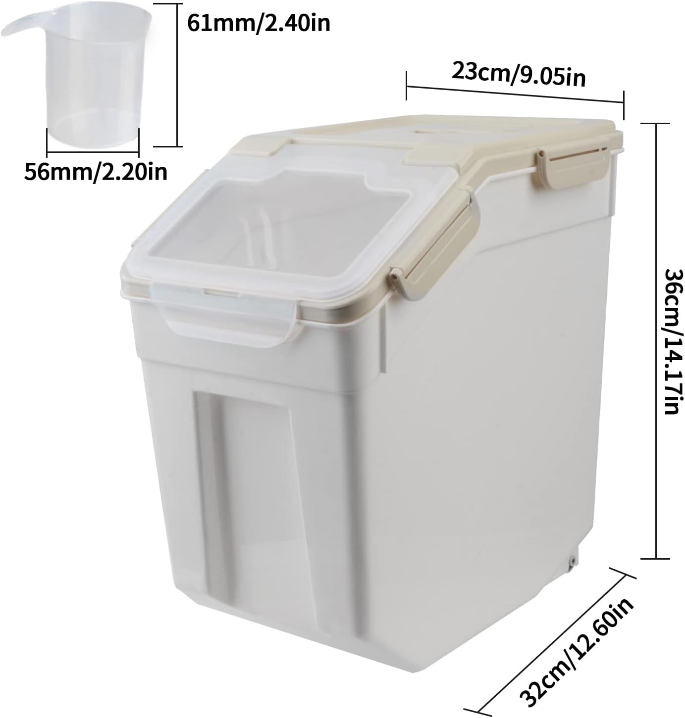 AnRui Airtight Flour Storage Container 25lb, Plastic Grain Storage Bucket, Rice Cereal Dispenser Organizer Box with Lid, Cat Dog Food Storage Bin with Measuring Cup, Scoop, Wheels, 2Pcs Grey