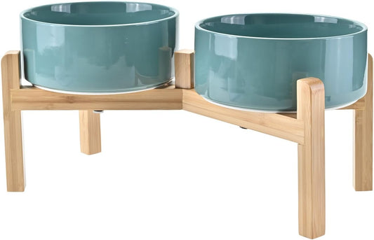 SPUNKYJUNKY Elevated Dog Bowls Ceramic, 7.3'' Dogs Food Water Bowls Raised with Non-Slip Bamboo Stand for Medium to Large Sized Breed Microwave Dishwasher Safe - 42 OZ,Dark Green