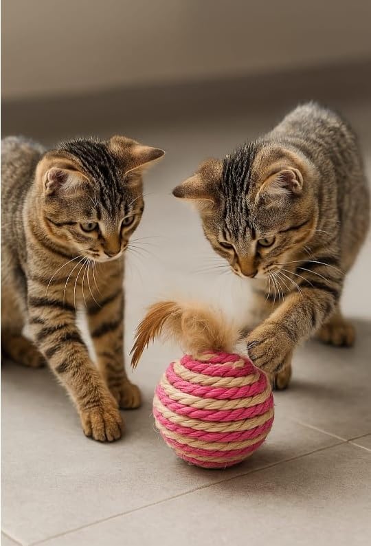 Ball for cat with Feathers - Balls for Cats – Natural Toy for Indoor Cats – Eco-Friendly, Durable, Interactive Play Balls for Kittens – Pet-Safe Chew & Scratch Toys (Red)