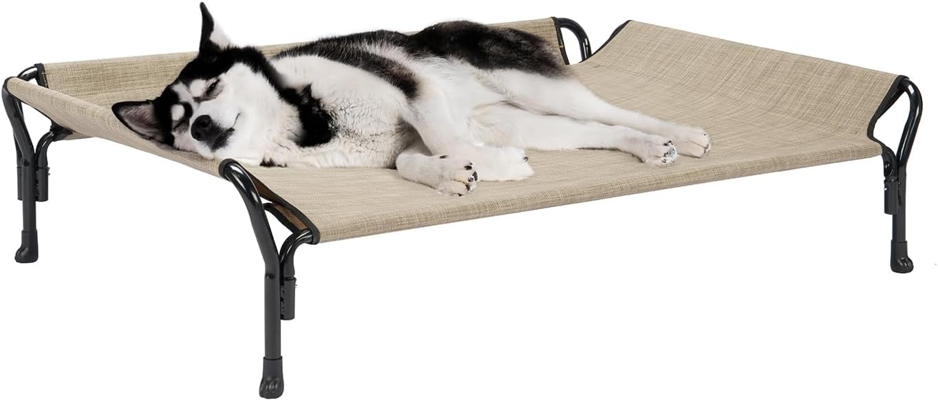 Veehoo Cooling Elevated Dog Bed, Raised Pet Cot with Guardrail & Slope Headrest, Durable Breathable Teslin Mesh, Non-Slip Feet, Washable Dog Couch Bed for Indoor & Outdoor, 47" x 32", Beige Coffee