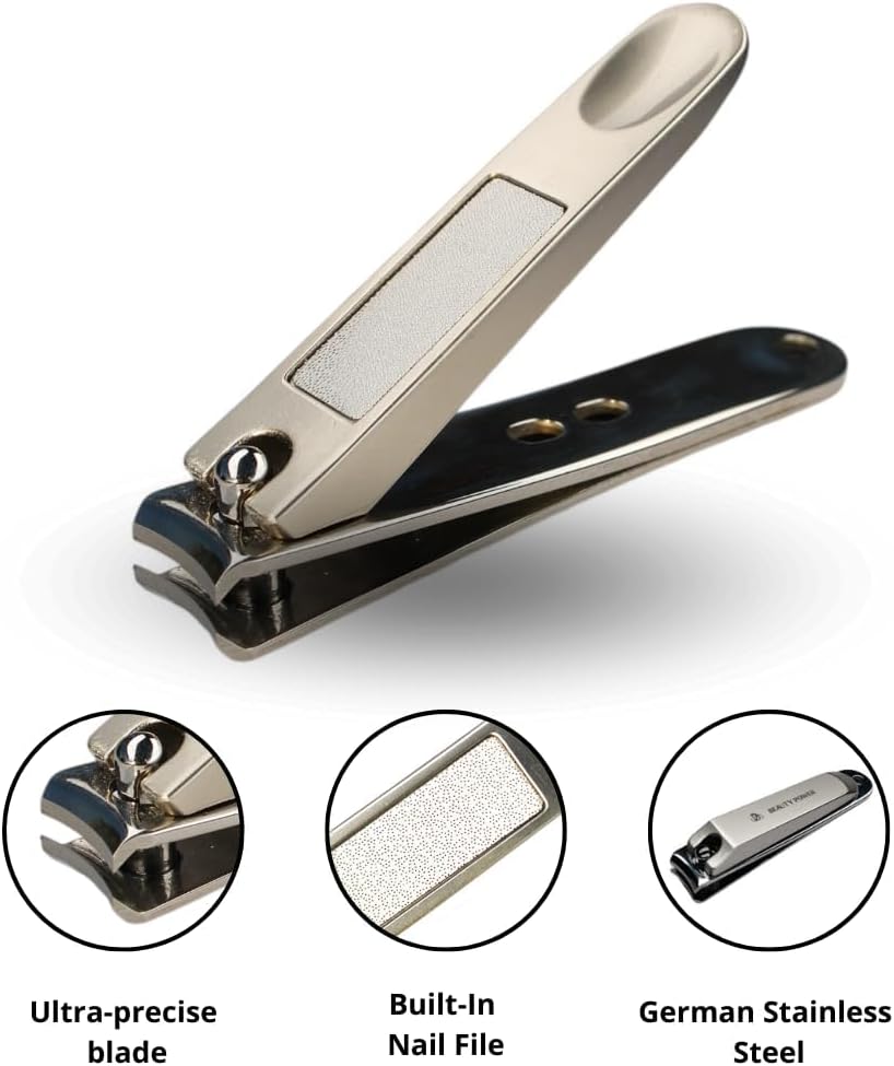 Nail Clippers Set 3 in 1 - Stainless Steel Toe Nail Clippers, Fingernail Clipper, Glass Nail File, Anti Splash, Ergonomic Grip in PU Leather Travel Case for Men & Women (Brown Case)