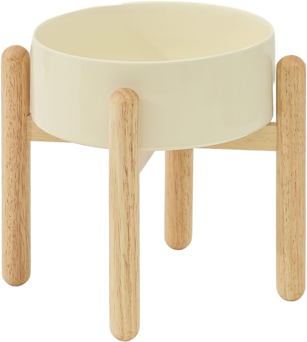 Ceramic 8.2inch Raised Dog Bowl with Stand for Large - Breed Dogs, Pet Food and Water Feeder(Single Bowl with Stand - Beige)