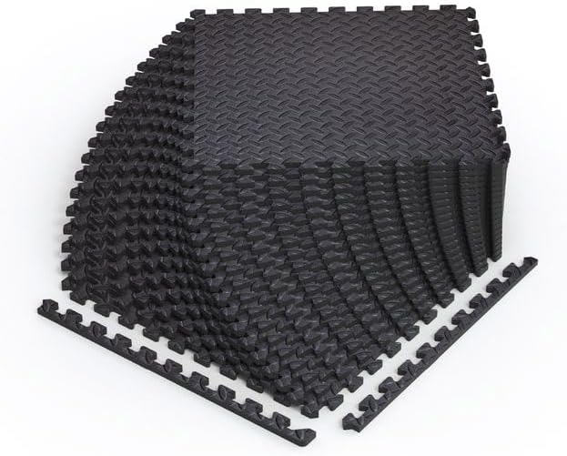 Norsk Foam Floor Gym Mats with Interlocking Tiles, .47" Thick, 24"x24", 60-Pack, 240 Square Feet, Diamond Plate Design, Black