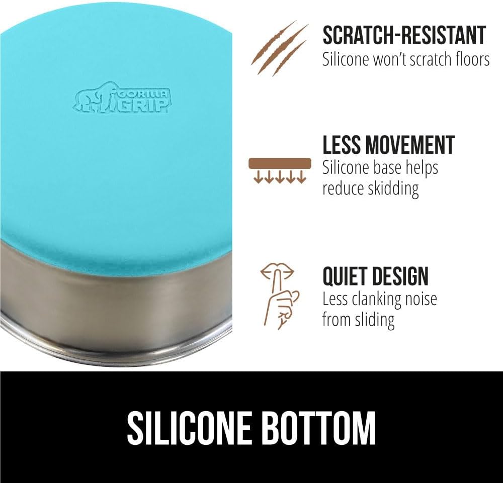 GORILLA GRIP Set of 2 Dog Bowls, Heavy Duty Metal Food and Water Bowl for Feeding Dogs and Cats, Dishwasher Safe, Rust Resistant Stainless Steel, BPA Free Rubber Base, Holds 1 Cup (8 fl oz), Turquoise