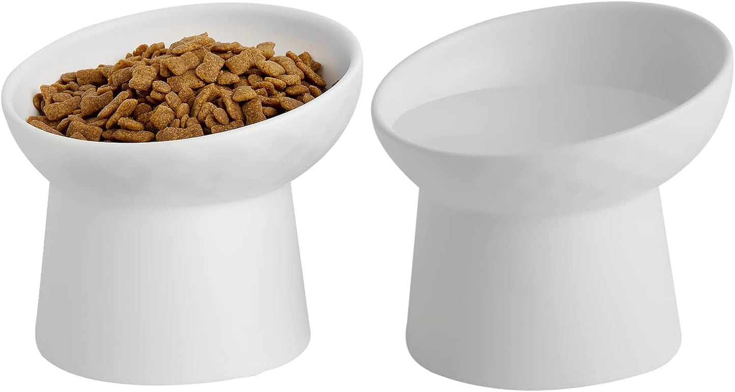 Ceramic Raised Cat Bowls, Elevated Tilted Cat Food and Water Bowls Set, Porcelain Stress Free Pet Feeder Dish for Cats and Small Dogs, Dishwasher and Microwave Safe, Set of 2(White)