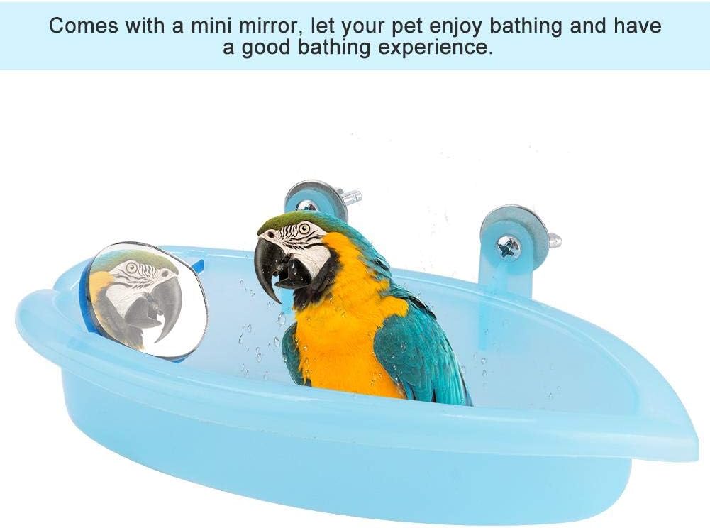 Tnfeeon Pet Bird Bathing Box, Cute Blue Pet Parrot Bathtub Box with Mirror Bird Cage Toy Accessory 7.4x3.9 in for Small Parakeet