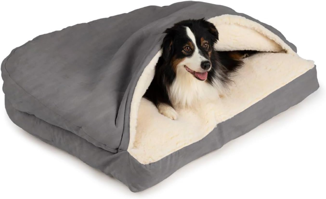 Snoozer Rectangle Cozy Cave Dog Bed - Indoor Dog Bed with Cover Cave, Covered Calming Burrow for Small & Medium Sized Pets with Blanket Attached, Enclosed, Washable - Medium, Heather Gray