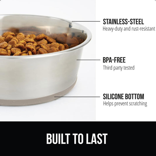 GORILLA GRIP Set of 2 Dog Bowls, Holds 6 Cups (48 fl oz), Heavy Duty Metal Food and Water Bowl for Feeding Dogs and Cats, Dishwasher Safe, Rust Resistant Stainless Steel, BPA Free Rubber Base, Beige