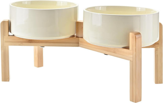 SPUNKYJUNKY Elevated Dog Bowls Ceramic, 7.3'' Dogs Food Water Bowls Raised with Non-Slip Bamboo Stand for Medium to Large Sized Breed Microwave Dishwasher Safe - 42 OZ,Beige