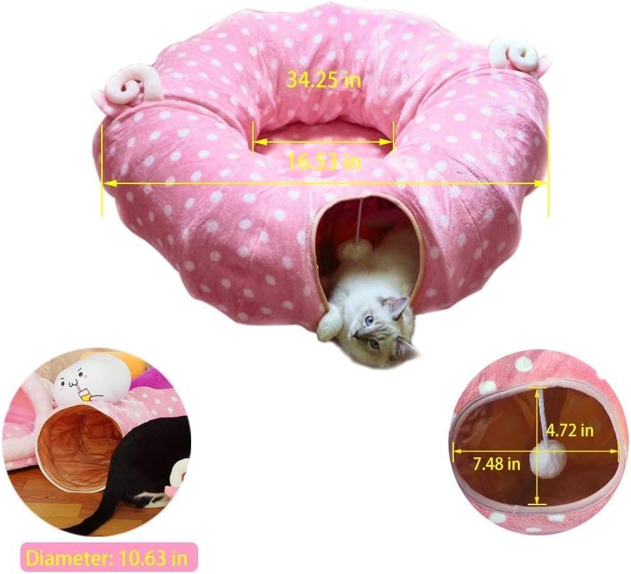 AUOON Cute Cat Donut Tunnel - Round Cat Tunnel Bed with Washable Cushion Interactive Cat Toy for Indoor Cats Kitten Kitty Puppy Rabbit Ferret (Pink)