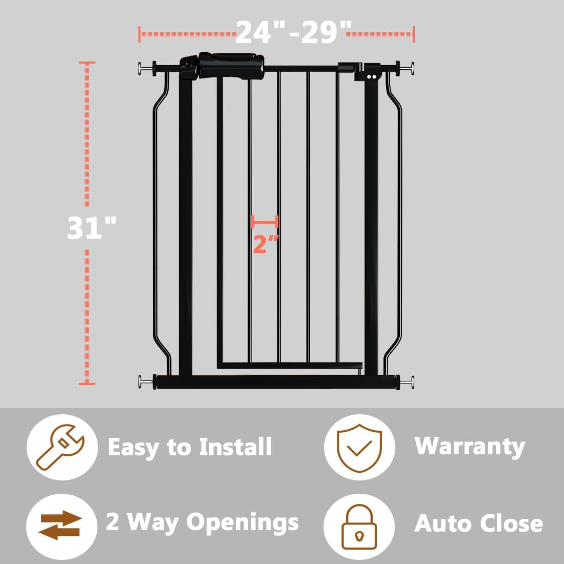 Narrow Baby Gate for Doorways Stairs, 24-29" Wide Pressure Mounted Walk Through Metal Auto Close Safety Child Gatesfor Kids or Pets, Black