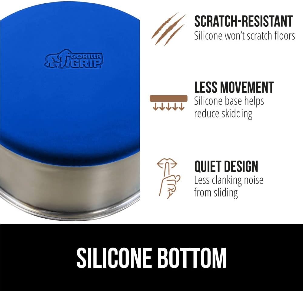 GORILLA GRIP Set of 2 Dog Bowls, Holds 4 Cups (32 fl oz), Heavy Duty Metal Food and Water Bowl for Feeding Dogs and Cats, Dishwasher Safe, Rust Resistant Stainless Steel, BPA Free Rubber Base, Blue