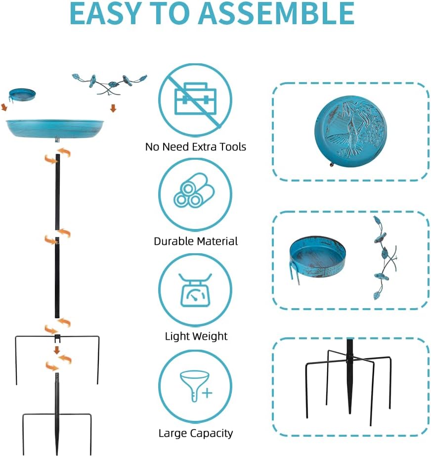 Metal Bird Bath for Outdoor, 37 Inch Tall Birdbath with Stake, Standing Bird Baths with 13" Bowl & Decorative Small Bird Feeder & Cast Iron Bird for Outside Garden Patio Yard Decor